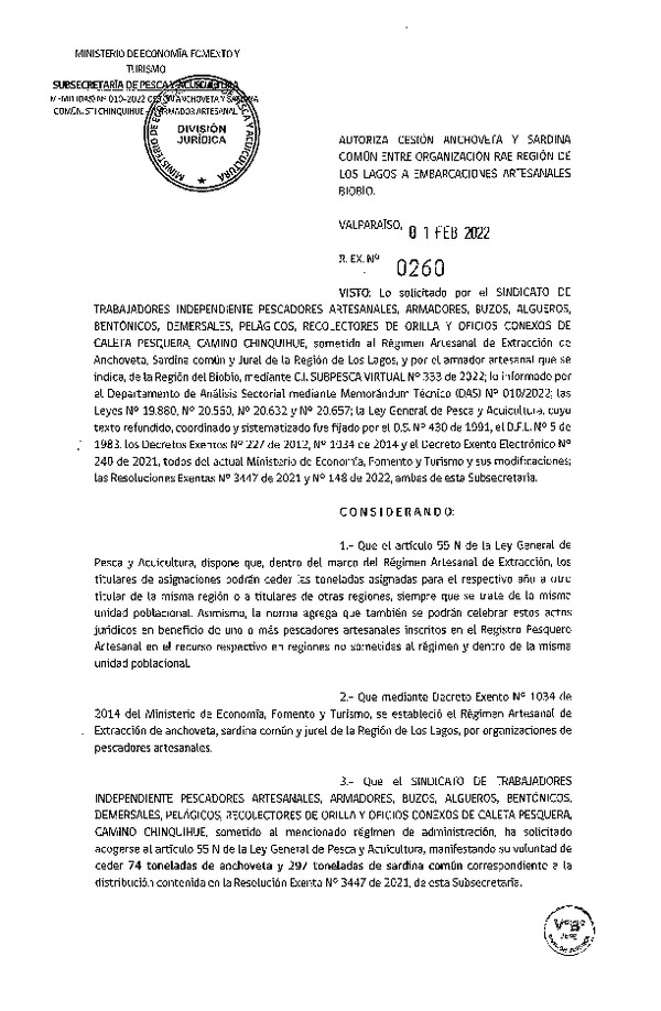 Res Ex N° 0260-2022, Autoriza Cesión de Anchoveta y Sardina Común, Región de Los Lagos a Región del Biobío. (Publicado en Página Web 03-02-2022)