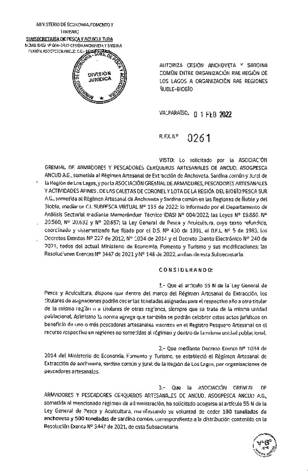 Res Ex N° 0261-2022, Autoriza Cesión de Anchoveta y Sardina Común, Región de Los Lagos a Regiones de Ñuble y del Biobío. (Publicado en Página Web 03-02-2022)