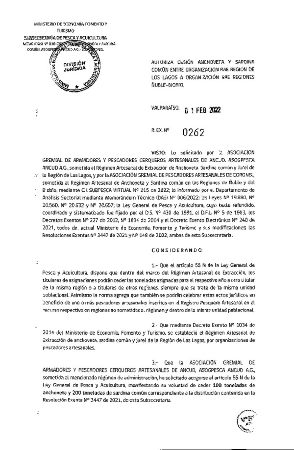 Res Ex N° 0262-2022, Autoriza Cesión de Anchoveta y Sardina Común, Región de Los Lagos a Regiones de Ñuble y del Biobío. (Publicado en Página Web 03-02-2022)