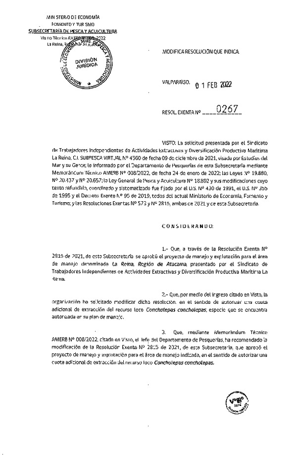 Res. Ex. N° 0267-2022, Modifica Resolución que Indica