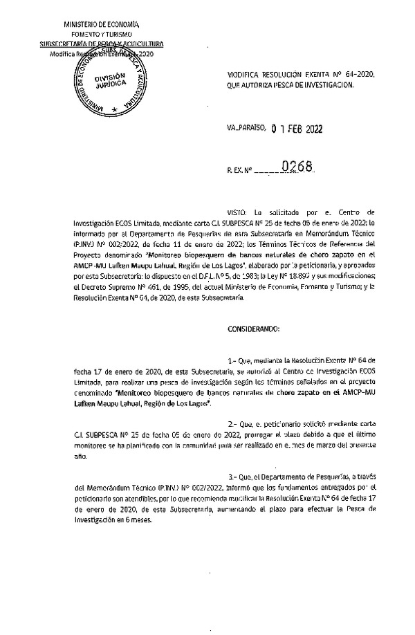 Res. Ex. N° 0268-2022, Modifica Resolución Exenta N° 64-2020, Que Autoriza Pesca de Investigación. (Publicado en Página Web 03-02-2022)