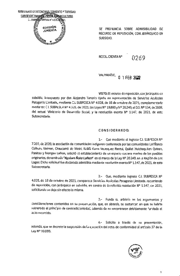 Res. Ex. N° 0269-2022, Se Pronuncia Sobre Admisibilidad de Recursos de Reposición, con Jerárquico en Subsidio. (Publicado en Página Web 03-02-2022)