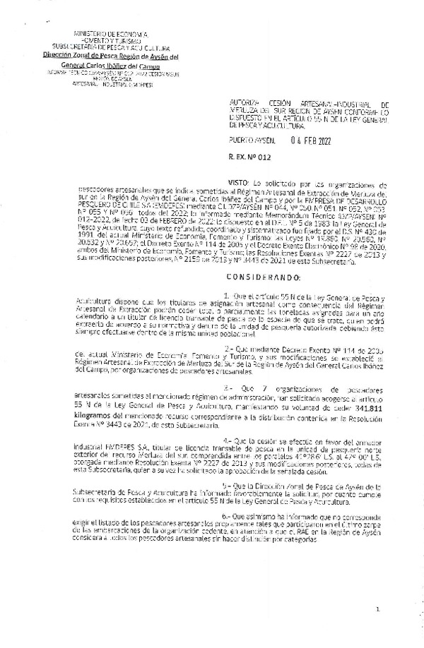 Res. Ex. N° 012-2022 (DZP Aysén) Autoriza cesión Merluza del Sur. (Publicado en Página Web 04-02-2022)