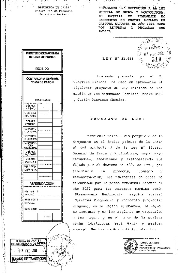 Ley N° 21.414 Establece una Excepción a la Ley General de Pesca y Acuicultura, en Materia de Remanente no Consumido de Cuotas Anuales de Captura Durante el Año 2021 para los Recursos y Regiones que Indica. (F.D.O. 05-02-2022)