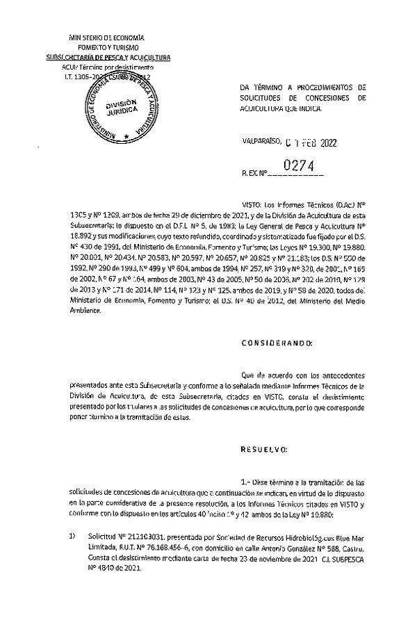 Res. Ex. N° 0274-2022 Da Termino a Procedimientos de Solicitudes de Concesiones de Acuicultura que Indica. Publicado en Página Web  07-02-2022)