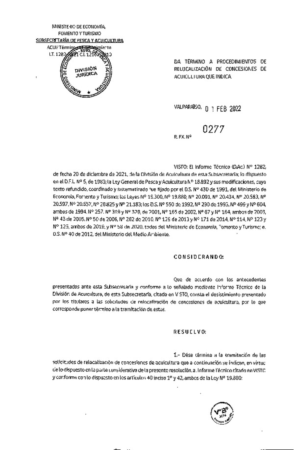 Res. Ex. N° 0277-2022 Da Termino a Procedimientos de Relocalización de Concesiones de Acuicultura que Indica. Publicado en Página Web  07-02-2022)