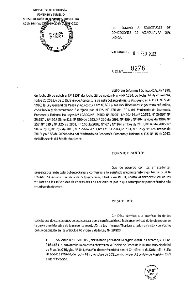 Res. Ex. N° 0278-2022 Da Termino a Procedimientos de Solicitudes de Concesiones de Acuicultura que Indica. Publicado en Página Web  07-02-2022)