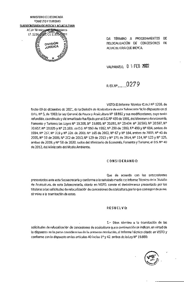 Res. Ex. N° 0279-2022 Da Termino a Procedimientos de Relocalización de Concesiones de Acuicultura que Indica. Publicado en Página Web  07-02-2022)