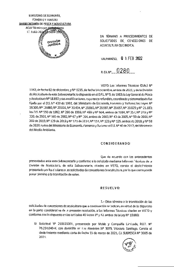 Res. Ex. N° 0280-2022 Da Termino a Procedimientos de Solicitudes de Concesiones de Acuicultura que Indica. Publicado en Página Web  07-02-2022)