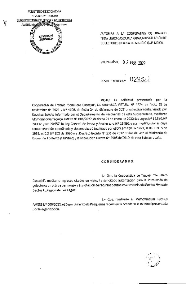 Res. Ex. N° 0293-2022 Autoriza a la Coperativa de Trabajo "Semillero Cascajal" para la Instalación de Colectores en Área de Manejo que Indica. (Publicado en Página Web 07-02-2022)