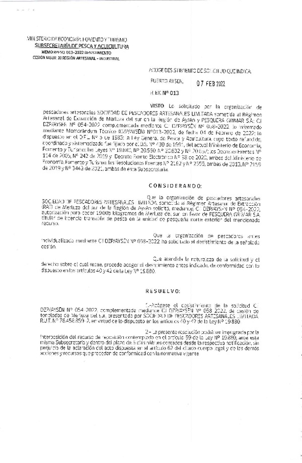 Res. Ex. N° 013-2022 (DZP Aysén) Acoge Desistimiento de Solicitud que Indica. (Publicado en Página Web 07-02-2022)