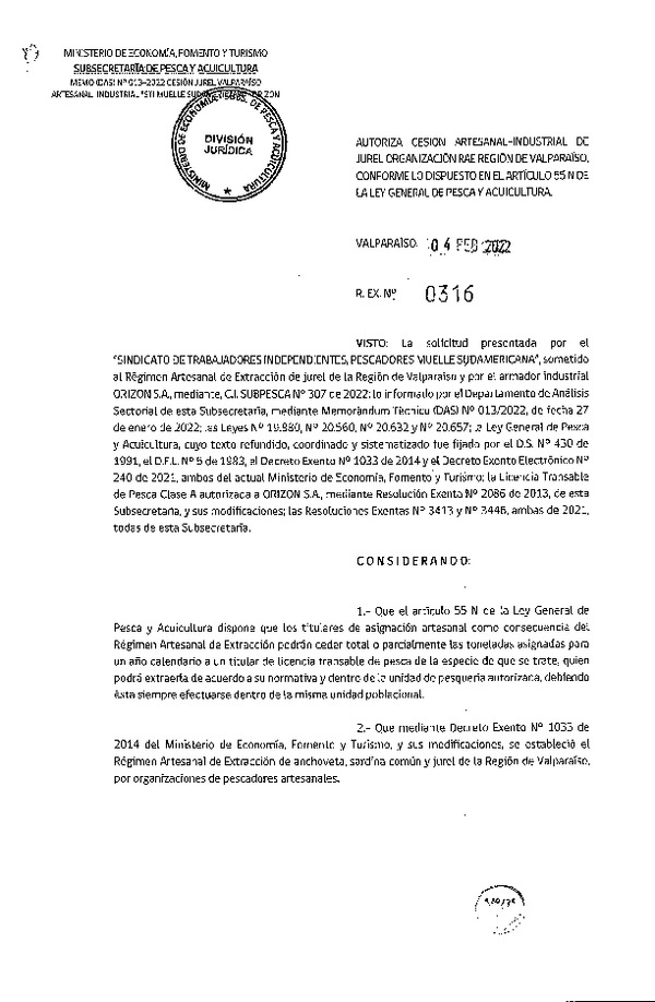 Res Ex N° 0316-2022, Autoriza Cesión de Jurel Organización RAE Región de Valparaíso. (Publicado en Página Web 07-02-2022)