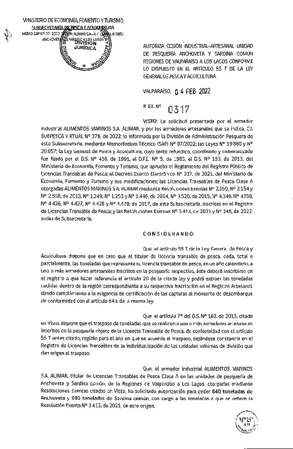Res. Ex. N° 0317-2022, Autoriza Cesión unidad de pesquería Anchoveta y Sardina Común, Regiones Valparaíso a Los Lagos. (Publicado en Página Web 07-02-2022)