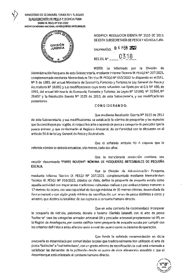 Res. Ex. N° 0318-2022 Modifica Resolución Exenta N°3115-2013, de esta Subsecretaría de Pesca y Acuicultura. (Publicado en Página Web 08-02-2022)