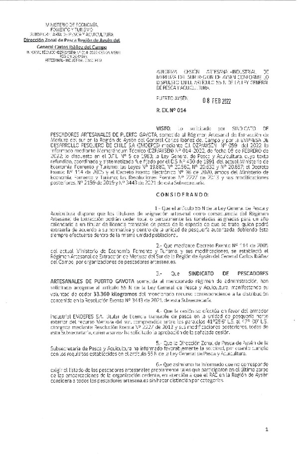 Res. Ex. N° 014-2022 (DZP Aysén) Autoriza cesión Merluza del Sur. (Publicado en Página Web 08-02-2022)
