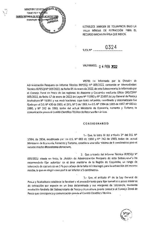 Res. Ex. N° 0324-2022 Establece Margen de Tolerancia Bajo la Talla Mínima de Extracción para el Recurso Macha en Área que Indica. (Publicado en Página Web 09-02-2022)