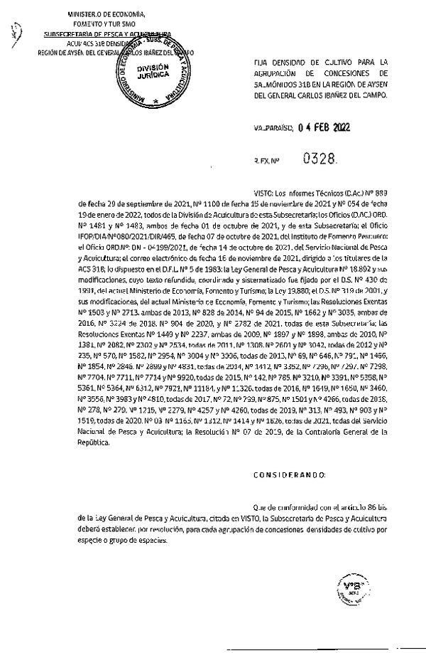 Res. Ex. N° 0328-2022, Fija Densidad de Cultivo para las Agrupación de Concesiones de Salmónidos 31B en la Región de Aysén del General Carlos Ibáñez del Campo. (Publicado en Página Web 09-02-2022)