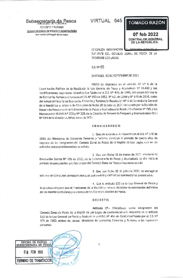 D.S. N° 65-2022 Oficializa Nominación de Miembros Titulares y Suplentes del Consejo Zonal de Pesca de la Región de Los Lagos. (Publicado en Página Web 09-02-2022)