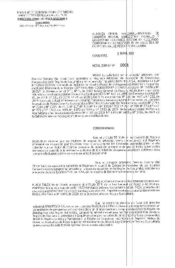 Res. Ex. N° 001-2022 (DZP Atacama y Coquimbo) Autoriza Cesión de Camarón Nailon, Langostino Amarillo y Langostino Colorado, Región de Coquimbo. (Publicado en Página Web 09-02-2022)