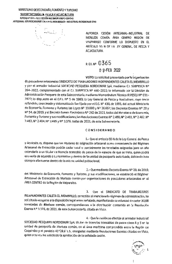Res Ex N° 0365-2022, Autoriza Cesión de Merluza Común Área Centro Región de Valparaíso. (Publicado en Página Web 10-02-2022)