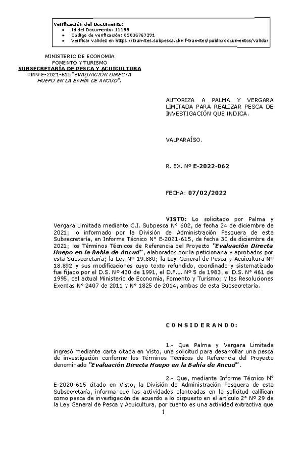 Res. Ex. N° E-2022-062, PALMA Y VERGARA LIMITADA. (Publicado en Página Web 11-02-2022)