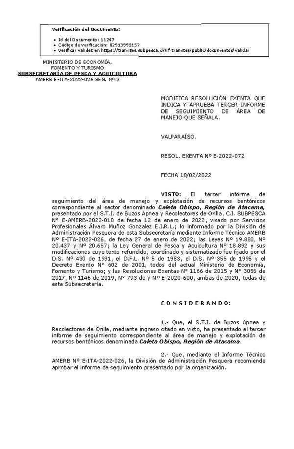 Res. Ex. Nº E-2022-072 Modifica Resolución Exenta y Aprueba Tercer Seguimiento de Área de Manejo que Indica. (Publicado en Página Web 11-02-2022)