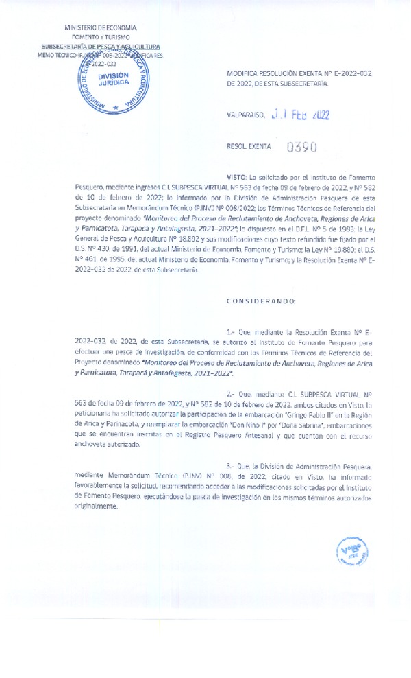 Res. Ex. Nº 0390-2022 Modifica Resolución Exenta N° E-2022-032, de 2022, de esta Subsecretaría. (Publicado en Página Web 11-02-2022)