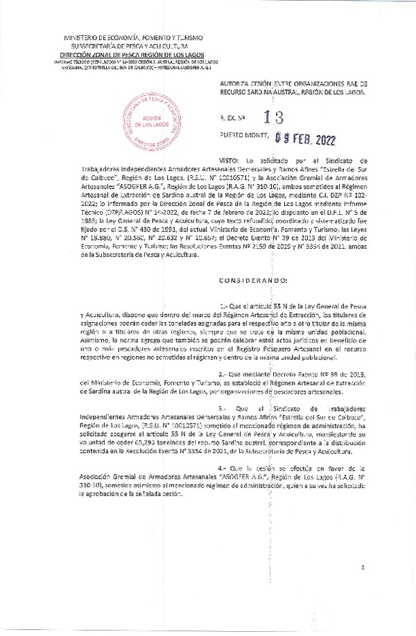 Res. Ex. N° 13-2022 (DZP Los Lagos) Autoriza cesión sardina austral Región de Los Lagos. (Publicado en Página Web 14-02-2022)