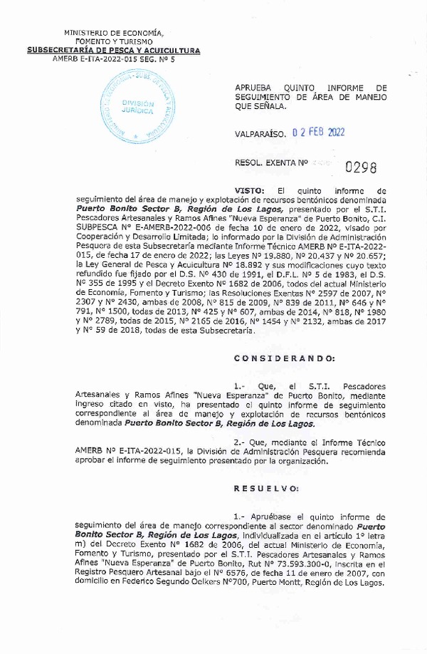 Res. Ex. N° 298-2022 Aprueba 5° Informe de Seguimiento. (Publicado en Página Web 14-02-2022)