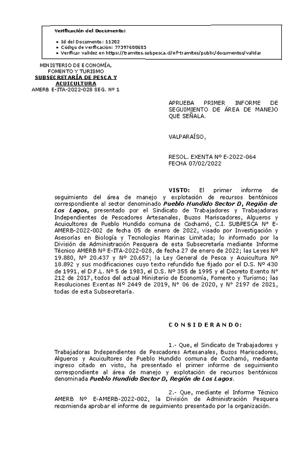 Res. Ex. N° E-2022-064 Aprueba Primer Informe de Seguimiento. (Publicado en Página Web 14-02-2022)