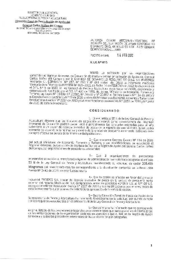 Res. Ex. N° 015-2022 (DZP Aysén) Autoriza cesión Merluza del Sur. (Publicado en Página Web 15-02-2022)