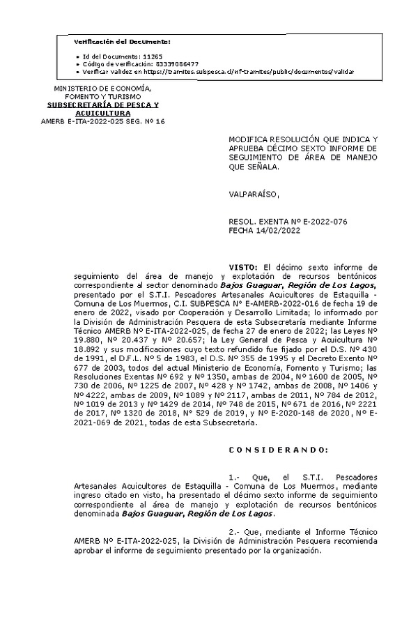 Res. Ex. N° E-2022-076 Modifica Resolución que Indica y Aprueba 16° Informe de Seguimiento. (Publicado en Página Web 16-02-2022)