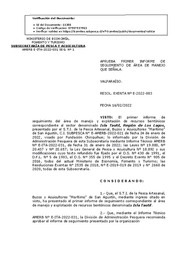 Res. Ex. N° E-2022-083 Aprueba Primer Informe de Seguimiento. (Publicado en Página Web 17-02-2022)