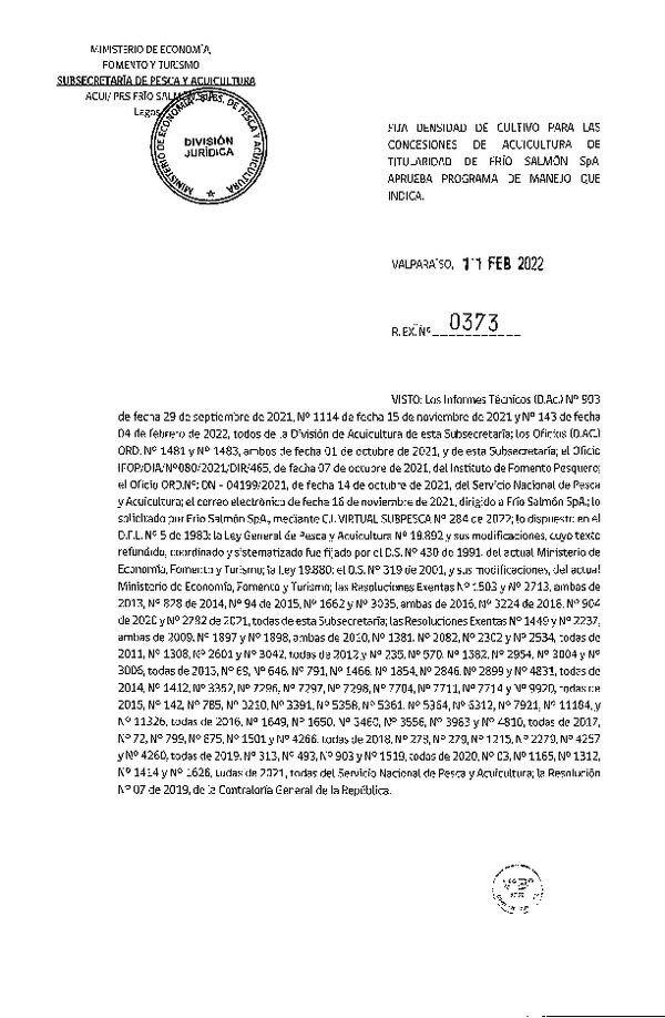 Res. Ex. N° 0373-2022, Fija Densidad de Cultivo para las Concesiones de Acuicultura de Tituralidad de Frío Salmón Spa. Aprueba Programa de Manejo que Indica. (Publicado en Página Web 17-02-2022)