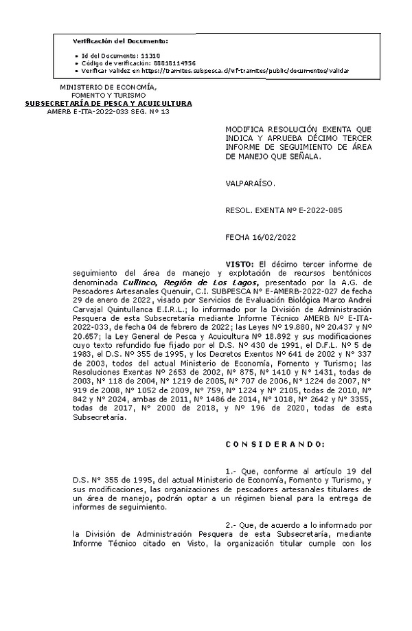 Res. Ex. N° E-2022-085, Modifica Resolución Exenta que Indica y Aprueba Décimo Tercer Informe de Seguimiento. (Publicado en Página Web 17-02-2022)