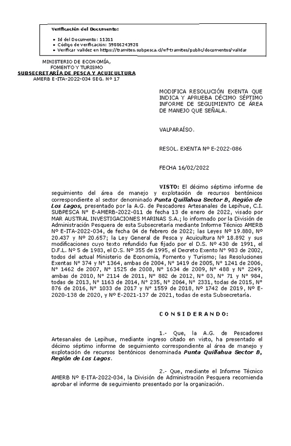 Res. Ex. N° E-2022-086, Modifica Resolución Exenta que Indica y Aprueba 17° Seguimiento. (Publicado en Página Web 17-02-2022)