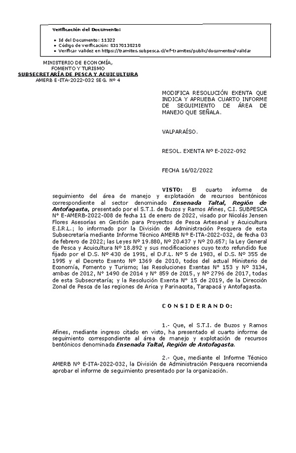 Res. Ex. N° E-2022-092, Modifica Resolución Exenta que Indica y Aprueba 4° Seguimiento. (Publicado en Página Web 17-02-2022)