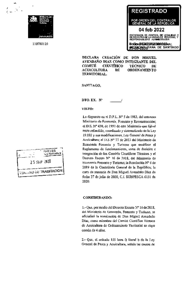 Dec. Ex. Folio DEXE202000068 Declara Cesación de don Miguel Avendaño Diaz como Integrante del Comité Científico Técnico de Acuicultura de Ordenamiento Territorial. (Publicado en Página Web 17-02-2022) (F.D.O. 12-02-2022)