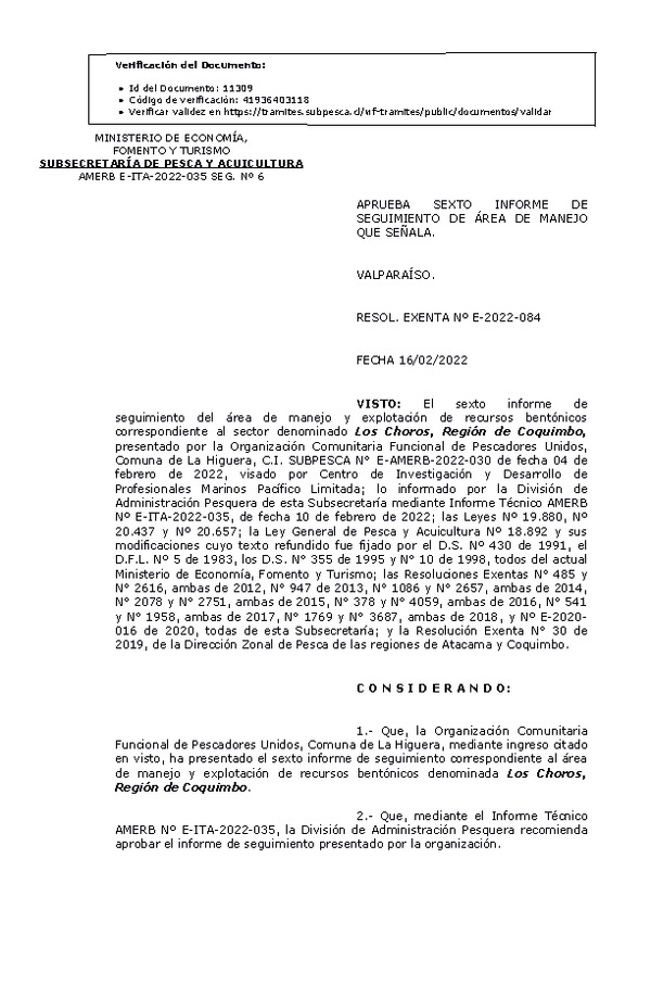 Res. Ex. N° E-2022-084, Aprueba 6° Seguimiento. (Publicado en Página Web 17-02-2022)