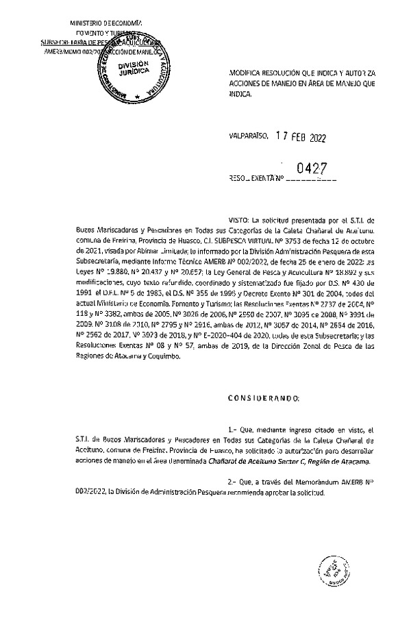 Res. Ex. N° 0427-2022, Modifica Resolución que Indica y Autoriza Acciones de Manejo que Indica. (Publicado en Página Web 17-02-2022)