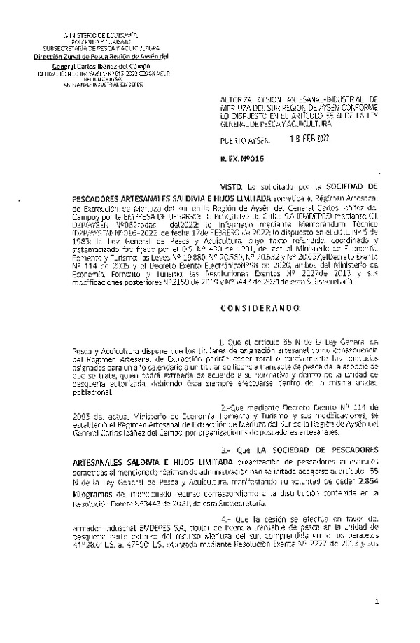 Res. Ex. N° 016-2022 (DZP Aysén) Autoriza cesión Merluza del Sur. (Publicado en Página Web 21-02-2022)