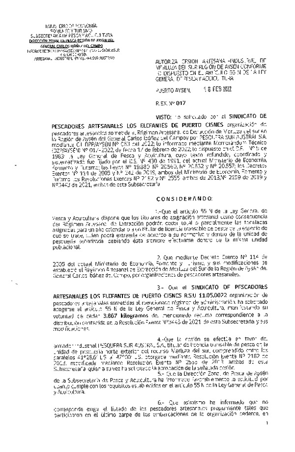 Res. Ex. N° 017-2022 (DZP Aysén) Autoriza cesión Merluza del Sur. (Publicado en Página Web 21-02-2022)