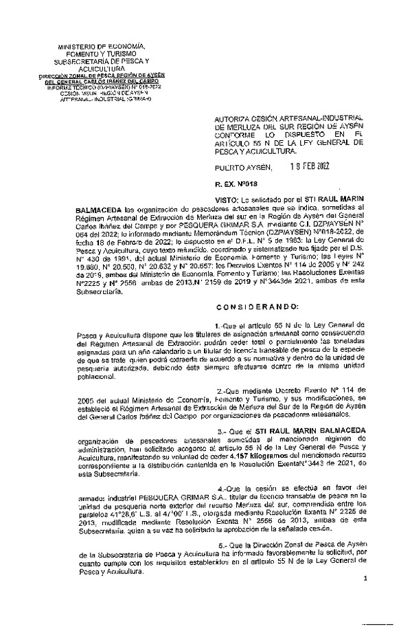 Res. Ex. N° 018-2022 (DZP Aysén) Autoriza cesión Merluza del Sur. (Publicado en Página Web 21-02-2022)