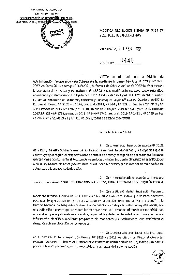 Res. Ex. N° 440-2022 Modifica Res. Ex. N° 3115-2013, de esta Subsecretaría. (Publicado en Página Web 22-02-2022)