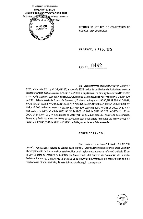 Res. Ex. N° 442-2022 Rechaza solicitudes de concesiones de acuicultura que indica. (Publicado en Página Web 22-02-2022)