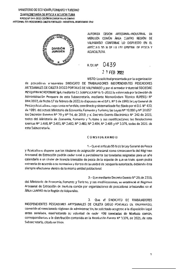 Res. Ex. N° 439-2022 Autoriza Cesión de Merluza Común Área Centro Región de Valparaíso. (Publicado en Página Web 22-02-2022)