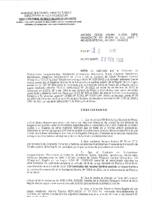 Res. Ex. N° 14-2022 (DZP Los Lagos) Autoriza cesión sardina austral Región de Los Lagos. (Publicado en Página Web 23-02-2022)