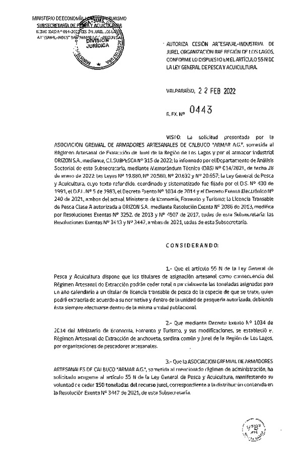 Res Ex N° 443-2022, Autoriza Cesión de Jurel Organización RAE Región de Los Lagos. (Publicado en Página Web 23-02-2022)