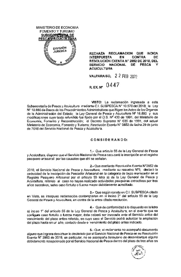 Res. Ex. N° 447-2022, Rechaza Reclamación que Indica Interpuesta en Contra de Resolución Exenta N° 2852-2018, del Servicio Nacional de Pesca y Acuicultura. (Publicado en Página Web 23-02-2022)