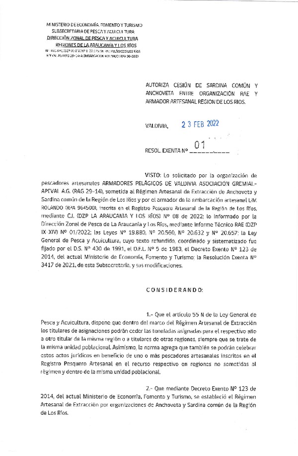 Res. Ex. N° 01-2022 (DZP de La Araucanía y Los Ríos), Autoriza Cesión anchoveta y sardina común Región de Los Ríos. (Publicado en Página Web 23-02-2022)